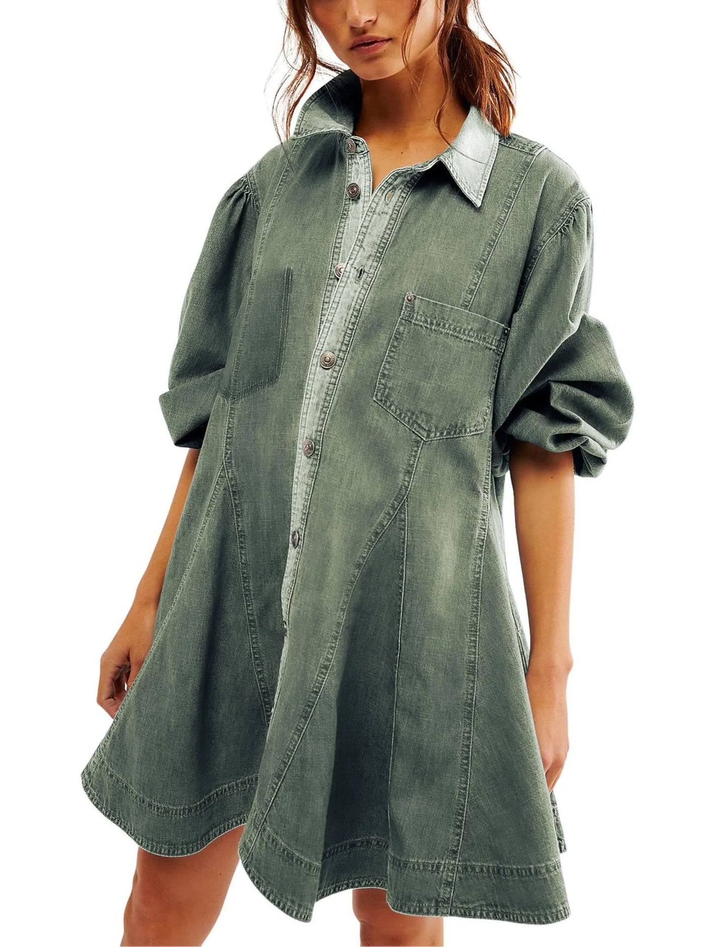 Women's Long Lantern Sleeve Button Denim Dress