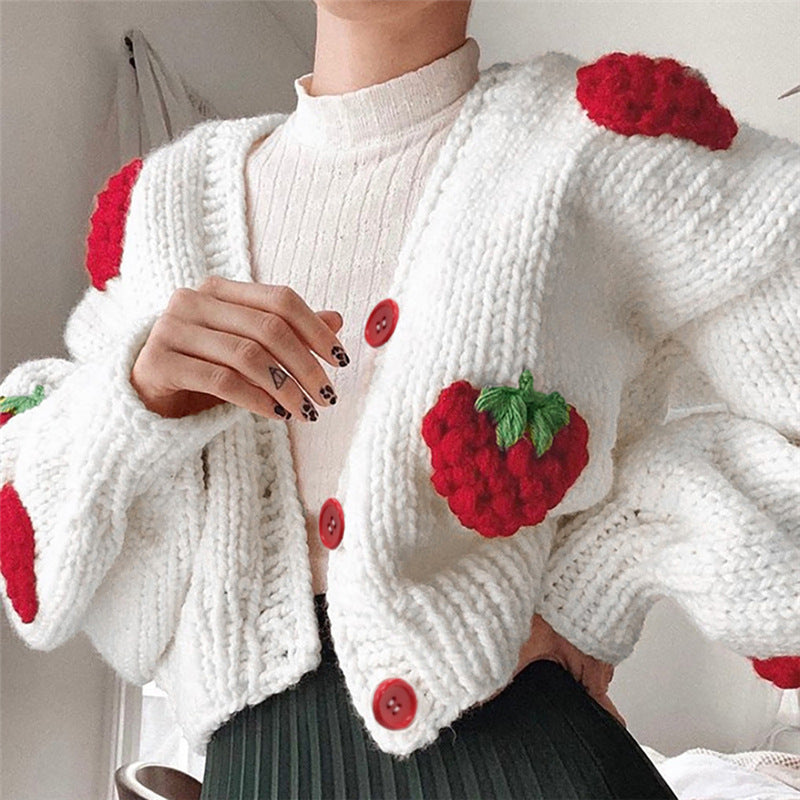 Female Cute Strawberry Loose V-neck Cardigan Sweater