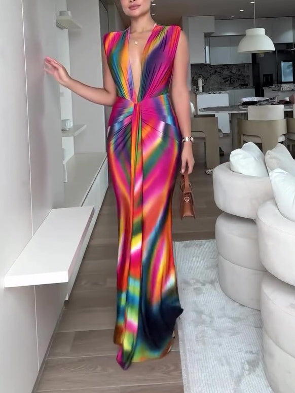 Deep V Rainbow Pleated Maxi Dress