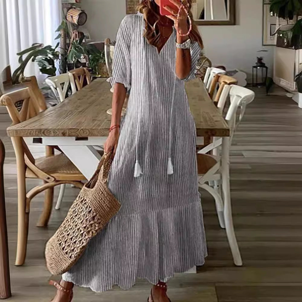 Temperament Commute Women's V-neck Short Sleeve Hang Rope Dress