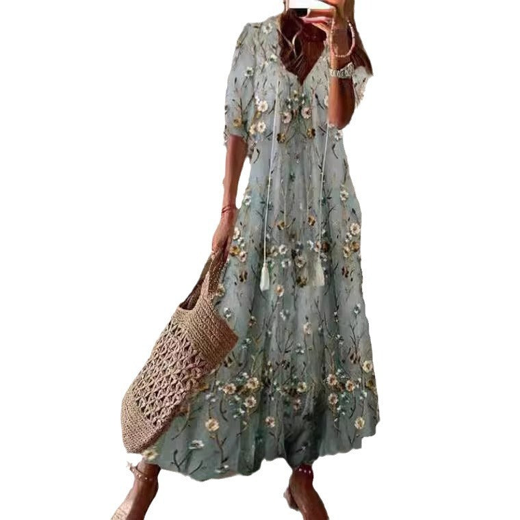 Temperament Commute Women's V-neck Short Sleeve Hang Rope Dress