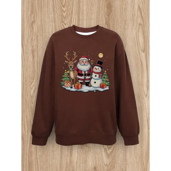 Women Basic Casual Pullover Spring Autumn Long Sleeve Elk With Santa Claus Printed Round Neck