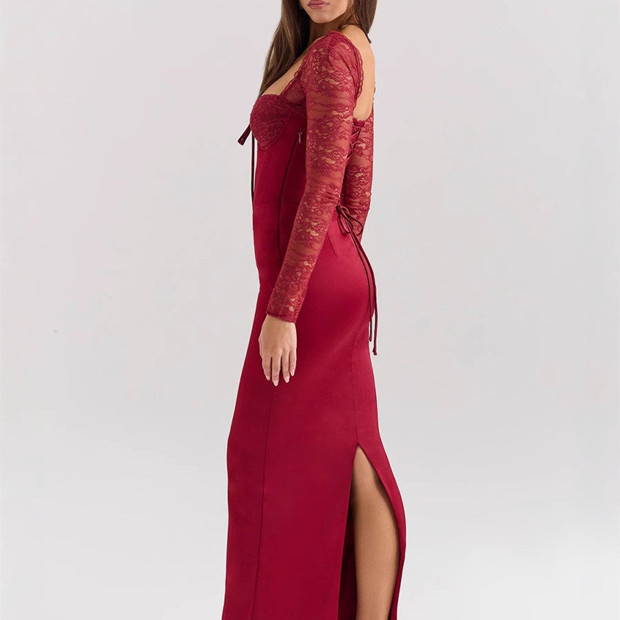 Wine Red Lace Stitching Tied Long Sleeves Dress