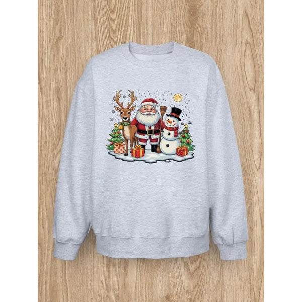 Women Basic Casual Pullover Spring Autumn Long Sleeve Elk With Santa Claus Printed Round Neck