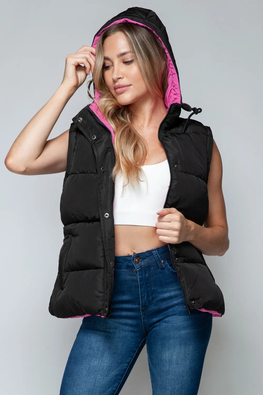 Snobbish Snap And Zip Closure Hooded Vest