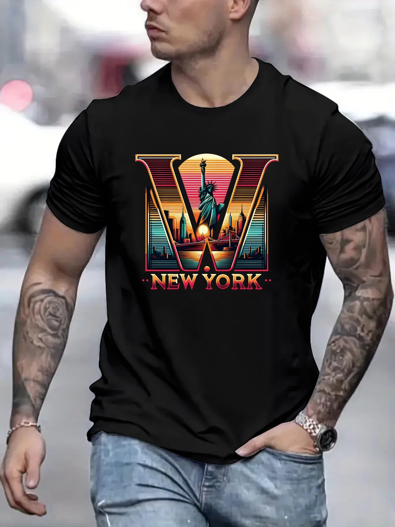 New York Graphic Men's Short Sleeved T-shirt, Comfortable Elastic Fashionable Summer T-shirt, Casual Daily Style Fashionable Clothing, As A Gift