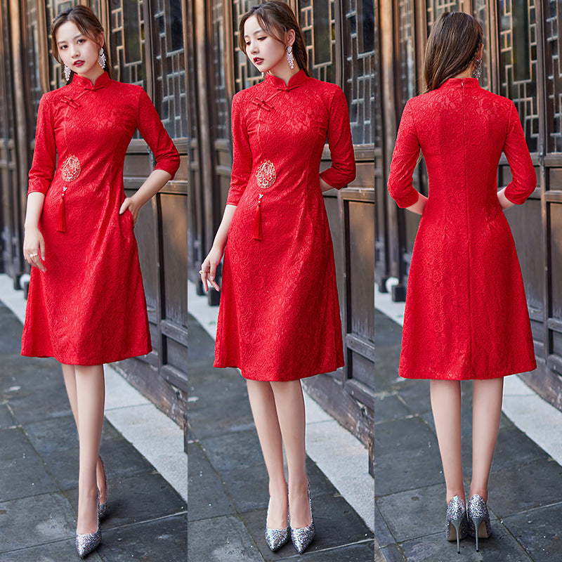 A+ Winter Clothes Seven Point Sleeve Improved A-hem Chinese Style Dress