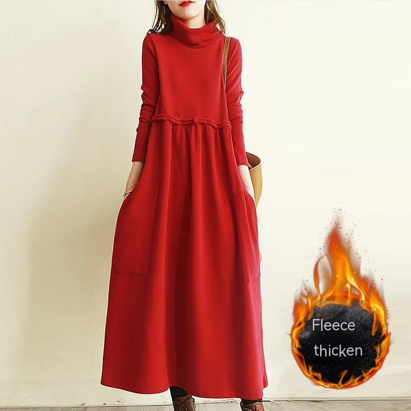 Retro Below The Knee Long Skirt Plus Size Loose High Collar Velvet Padded Dress