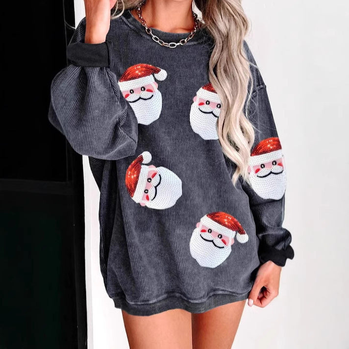 Round Neck Santa Claus Floral Print Long Sleeve Pullover