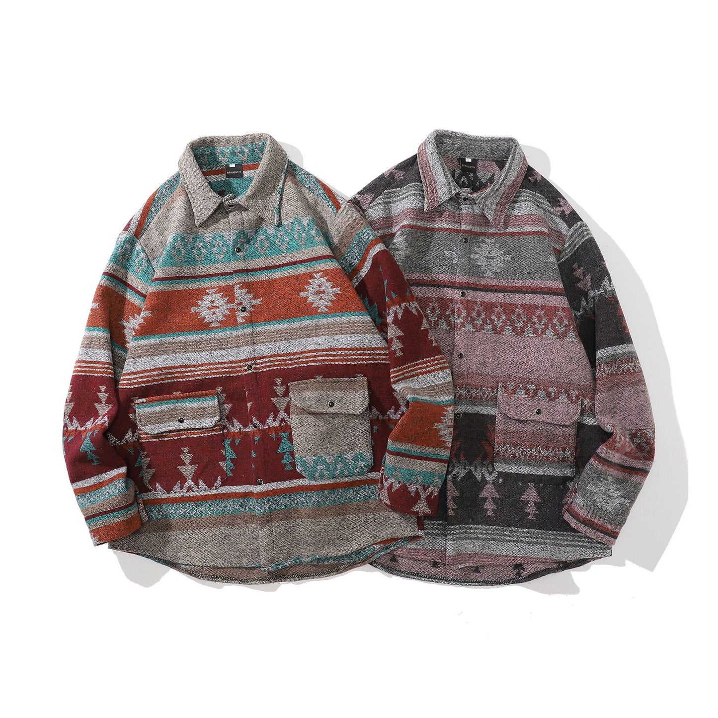 Men's Contrast Color Ethnic Loose Long Sleeve Woolen Shirt