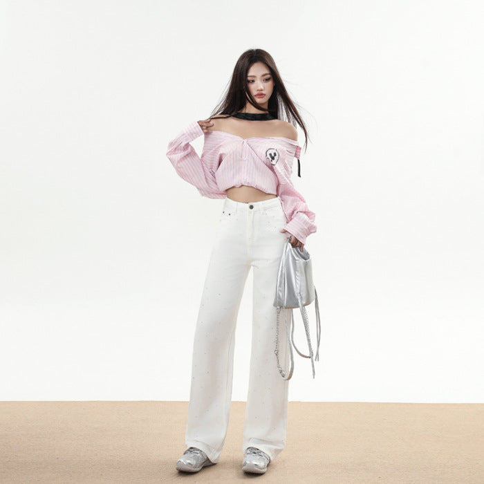 Winter Trend Rhinestone White Soft Wide Leg Mopping Jeans Trousers Lengthened