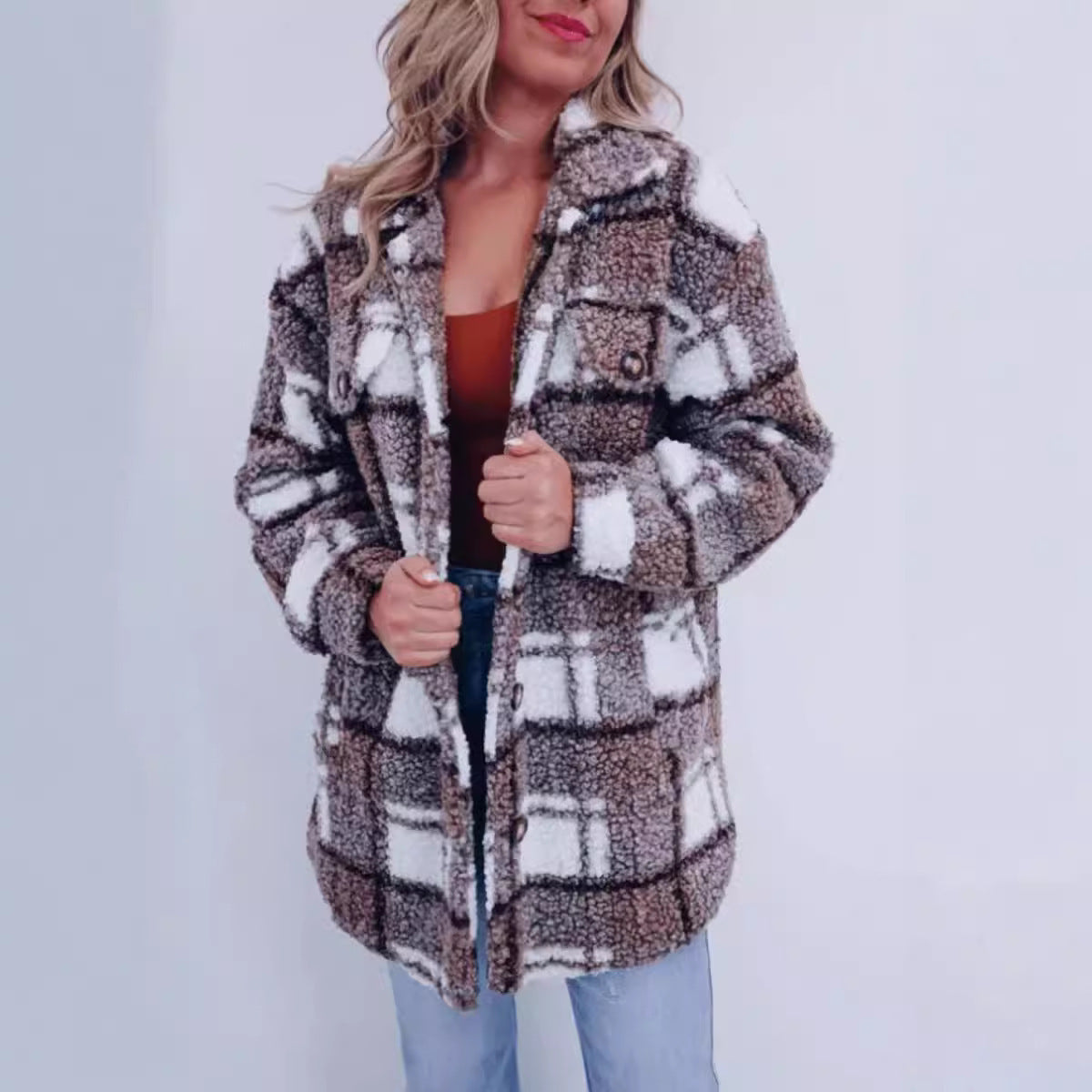 Winter Multicolor Plaid Warm Polo Collar Jacket Women's Fashion All-match Long-sleeved Coat Women