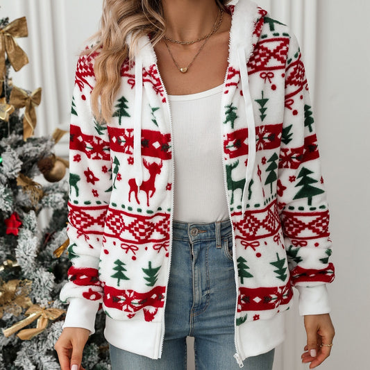 Long Sleeve Cardigan Christmas Printed Plush Coat