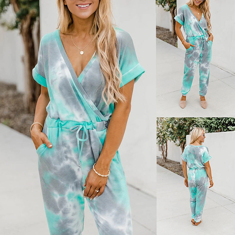 Tie-Dye Printed V-Neck Short-Sleeved Casual Jumpsuit