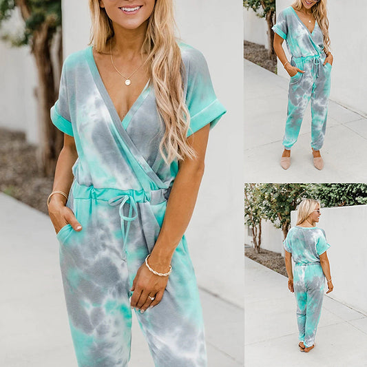 Tie-Dye Printed V-Neck Short-Sleeved Casual Jumpsuit