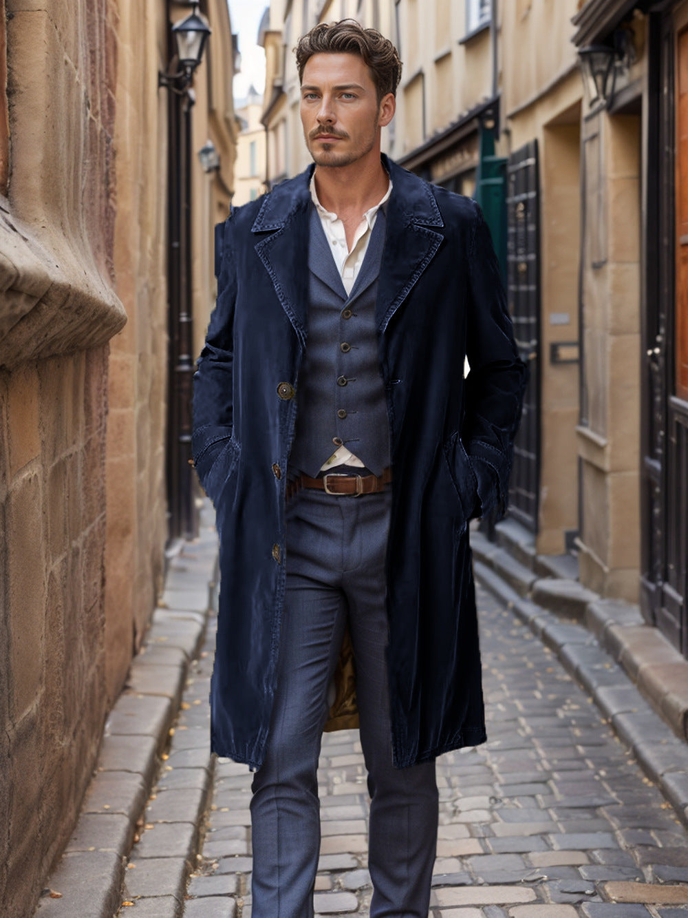 Men's Trench Coat Corduroy Mid-length Single-breasted